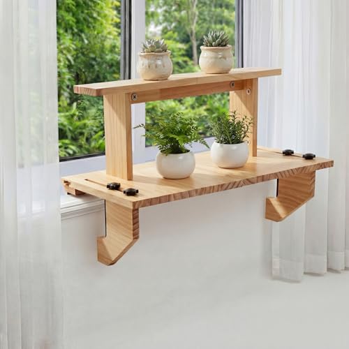 Fiwochic Double-layer Window Sill Extender Plant Shelf, 20+21 Inch Detachable Adjustable Window Sill Extender Shelf Stand for Plants Cat Perch, Renter Friendly No Drilling/Damage