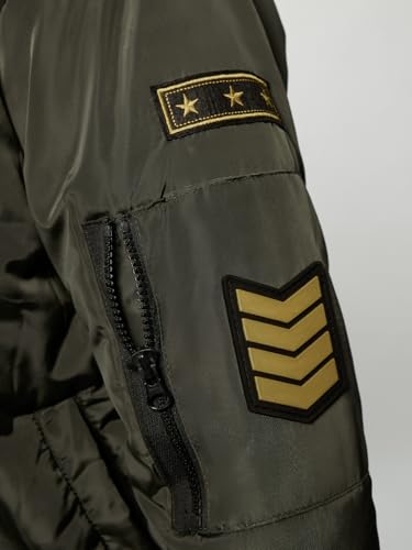 Image of The Souled Store Bomber Jacket: Souled Army Men and Boys Long Sleeves Band Collar Zipper Front Olive Embroidered Polyester Oversized Puffer Jackets