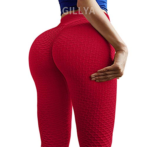 GILLYA Lift Yoga Pants Textured Leggings for Women High Waisted Ruched Butt Booty Lifting Leggings Ruched Tights (Red, M)