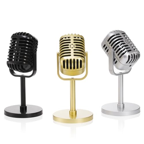 WRINGKIT 3 Pack Retro Microphone Prop, Classic Vintage Microphone Prop Model with Stand, Plastic Microphones Costume Prop for Antique Classic Party Decor, Gold Silver Black