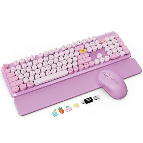 Wireless Keyboard and Mouse Combo with Detachable Magnetic Wrist Rest, Retro Typewriter-Style Keyboard, Round Keycap, Adjustable Legs, 3-Level DPI Mouse, 2.4GHz for Windows PC/Laptop (Lavender Purple) by Trueque - Used condition - US$25.62