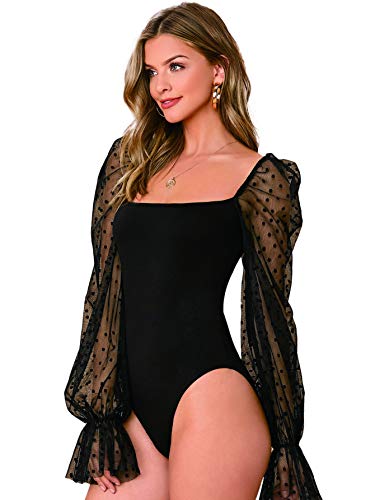Wdirara Women's Polka Dots Sheer Dobby Mesh Square Neck Long Sleeve Skinny Bodysuit Black Xxl #TOP2