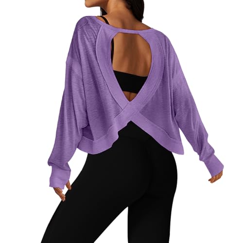 Image of UNIANKIYA Open Back Workout Tops for Women Long Sleeve Cropped Athletic Clothes Gym Running Yoga Low Impact Sports T Shirts