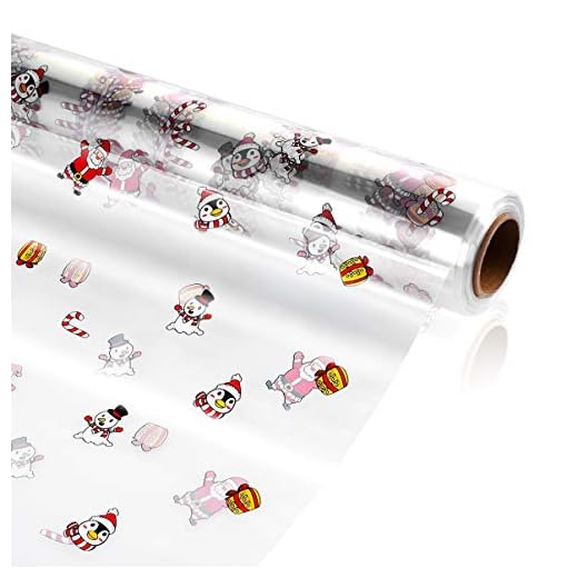 STOBOK Rollo de Papel de Celofán Diseño de Patrón de Papá Noel Bolsas de Celofán para Cestas de Regalo Manualidades Fiesta de Navidad 3 Mil de Espesor (3000X80cm)