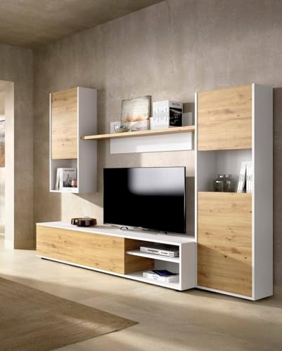 Dmora - Parete attrezzata Foraker, Set da soggiorno porta TV, Mobile salotto multiuso, 220x41h180 cm, Rovere Nodi e Bianco
