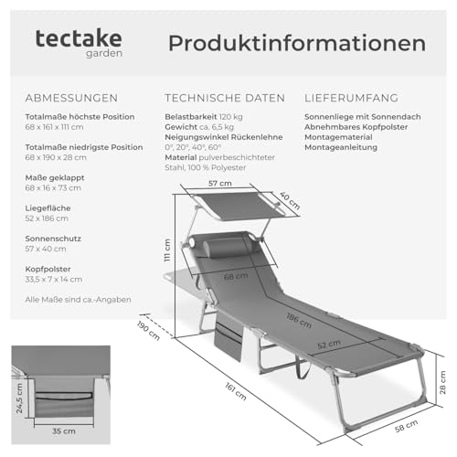 tectake® Sonnenliege klappbar, tragbar, Liege mit Seitentasche, Strandliege, Gartenliege mit Dach, Liegestuhl mit Verstellbarer Rückenlehne, inkl. Kopfkissen - für Balkon, Terrasse, Camping - grau