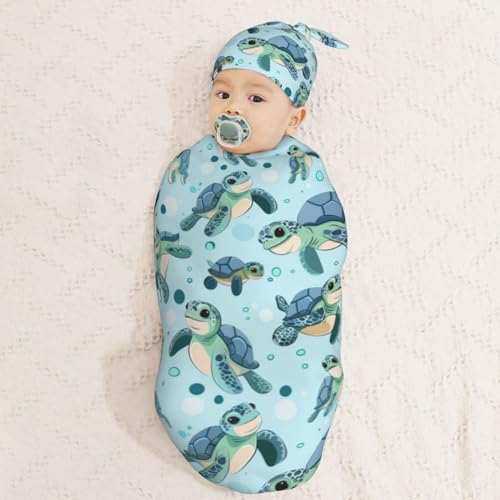 Image of Baby Sea Turtles Newborn Swaddle Blankets Hat Sets Soft Baby Receiving Blanket Swaddle Sack for Baby Shower Infant Boy Girl Gift
