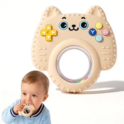 Image of Baby Teether Toy Silicone Cat Teething Ring -Game Controller, Baby Rattle Toy Chew Sensory Toys for Babies Over 3 Months, Teething Relief for Newborn Infant Essentials 0-6 6-12 Months, BPA Free -Beige