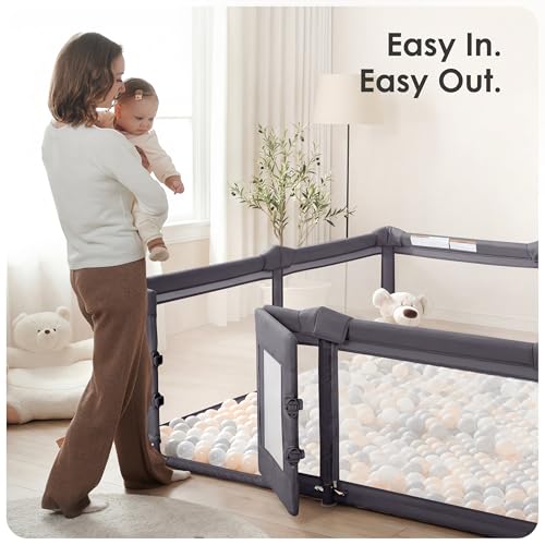 Image of Sweeby Foldable Baby Playpen, 71x59 Inch Baby Gate Playpens for Babies and Toddlers Extra Large Play Yard with Door Child Fence and Indoor Play Pen, Dark Grey