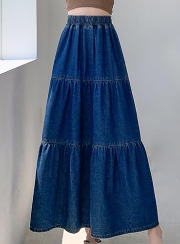 chouyatou Women's Spring High Elastic Waist Tiered Denim Skirt Summer A-Line Maxi Long Jean Skirt2