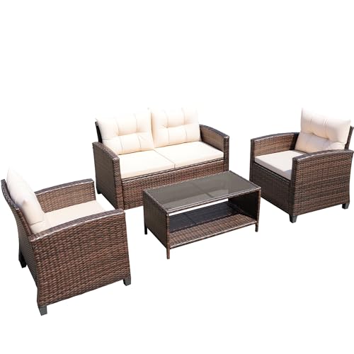Devoko 4-Piece Patio Furniture Set, All-Weather PE Rattan Outdoor Conversation Set with Thick...