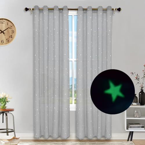 Hiseng Cortinas Translucidas Salon Dormitorio 2 Piezas, Luminoso Estrellas Cortinas Transparentes Cortinas Visillo con Ojalespara para Cocina Ventana Comedor Habitacion (Gris,132x160cm)