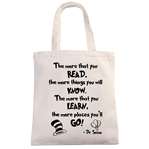 Dr Seuss Inspirational Motivational Quotes Natural Cotton Canvas 12 Oz Reusable Tote Bag | Library Tote for Kids | School Reading Bag for Student Friends