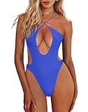 HYPERFIRE Women's Sexy Criss Cross Halter Bathing Suit Cut Out Backless Monokini Swimsuits One Piece Dark Blue X-Small