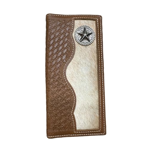 Men’s Long Leather Wallet – Hair-On Cowhide with Lone Star Concho and Hand Tooled Basketweave Design – Western Cowboy Rodeo Bifold for Texas Ranchers & Gift Ideas