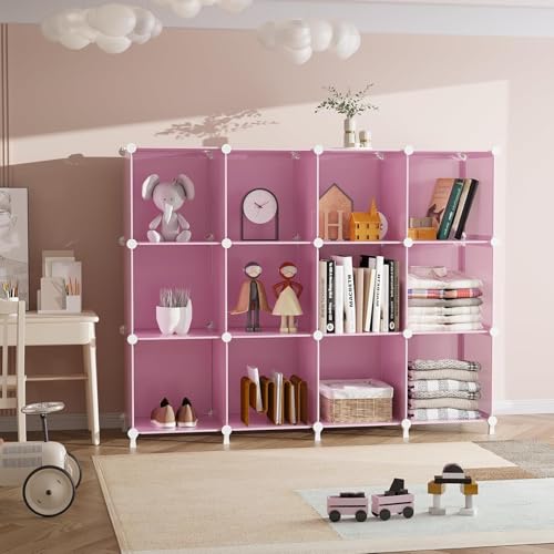 Image of EXVITO Kids Plastic Wardrobe - 12 Door Foldable Almirah for Clothes with Hanging Rod, Collapsible Wardrobe Cartoon Print Cupboard for Baby & Kids Room - KTH2