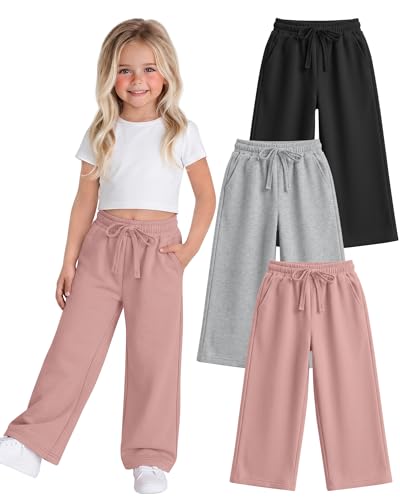 Ficerd 3 Pack Toddler Girls Wide Leg Sweatpants 18M-5T High Waist Loose Pants Baby Drawstring Baggy Bottoms with Pockets(2T Black Light Heather Gray Light Pink)