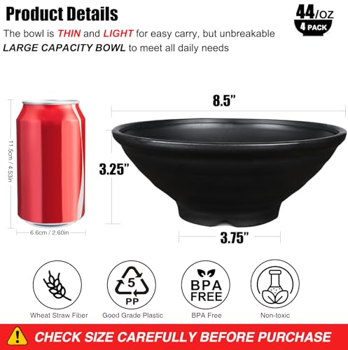 shopwithgreen Thin Plastic & Wheat Straw Japanese Ramen Bowl Set of 4, 44 OZ Large Ramen Bowls for Pho Thai Udon Noodles Soup, Dishwasher & Microwave Safe Bowls, Wheat Straw Bowls Set, NOT CERAMIC - image 2