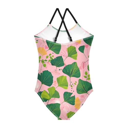 KLL Hand Painted Ginkgo Leaves Girls 1-Piece Bathing Suit Beach Swimwear Adjustable Strap UPF 50+2