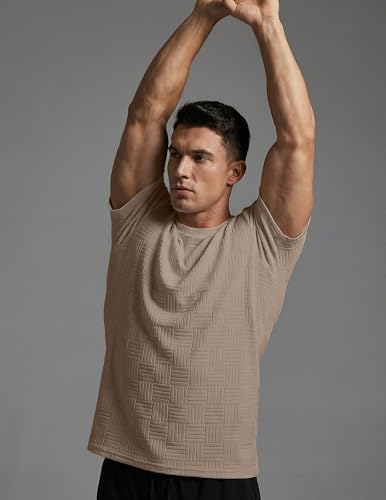 Image of JMIERR Mens T-Shirt Casual Stretch Solid Crewneck Short Sleeve Tees Textured Shirts