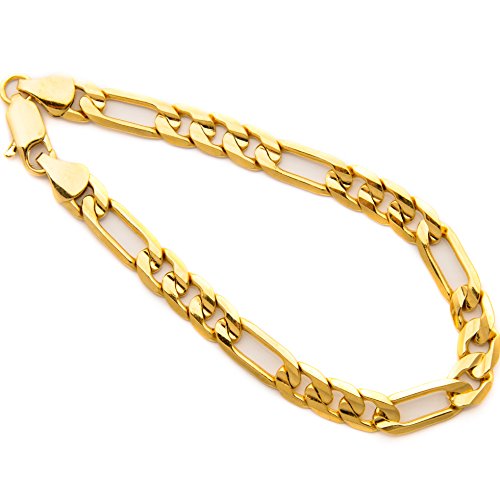 LIFETIME JEWELRY 7mm Diamond Cut Figaro Bracelet for Men 24k Real Gold Plated