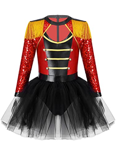 TTAO Mädchen Kinder Zirkus Kostüm Kleid Ärmellos Glitzer Tutu Ballettkleid Kinder Zirkusdirektor Cosplay Fasching Karneval Rot 122-128 Cover