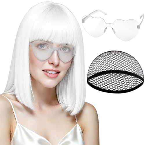 PLULON White Bob Wig with Bangs Short Straight Bob Wig with Heart Sunglasses 12 Inch Shoulder Length Heat Resistant Synthetic Hair for Women Natural Look Daily Use Cosplay Halloween Costume Party