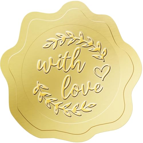PigPotParty 500 PCS Gold Embossed Wax Seal-Like (with Love) Envelope Seal, Foil Love Stickers for Valentine Day/Wedding/Bridal Shower Invitations-Thank You Greeting Cards-Party Favors, Self-Adhesive