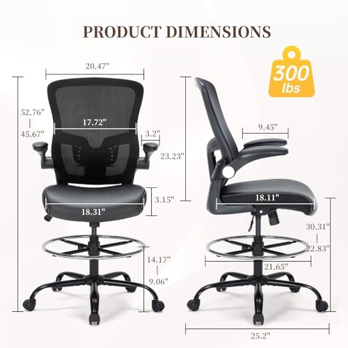 Image of Drafting Chair, Tall Office Chair with PU Leather Seat, Ergonomic Standing Desk Chair with Lumbar Support Counter Height Office Chair with Adjustable Footrest Ring Flip-up Armrests