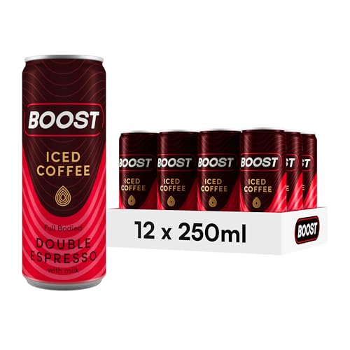 Boost Iced Coffee Double Espresso | 12 Canned Drinks with High Caffeine, Arabica and Robusta Beans and Milk | Bulk Pack | Gluten Free Espresso Multipack, 12x250ml