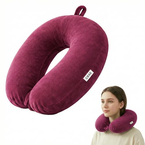 Image of CRAE Travel Neck Pillow for Men & Women | Soft Fibre Cushion for Flight, Car & Train | Soft Velvet Fabric with Attachable Snap Strap | Cervical Support for Neck Pain Relief.Pack of 1(Candy Pink)