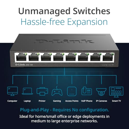 Image of D-Link DGS-108, 8 Port Gigabit Ethernet Switch Unmanaged, Network Splitter, Silent Fanless, Network Hub, Sturdy Metal with Shielded Ports, Compact Desktop /Wall Mount, QoS, Energy Saving, Plug and Play