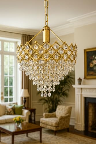 Image of TRIXY Chandeliers Crystal Pendant Lights Hanging Lamps Ceiling Lights Jhoomar for Home & Decor | Jhumar for Living Room, Bedroom, Hall, Balcony, Dining, Offices & Hotels (250MM-Gold)