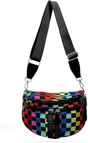 Colorful Checkered Bum Bags for Women Crossbody,Spacious Checkered Purse Nylon Crossbody Bag Fanny Packs Belt Bag