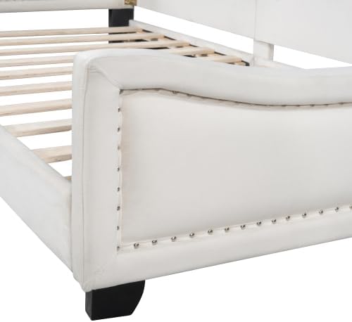 Miniatura 6 de Moderna cama tapizada de terciopelo de tamaño individual con cabecera en forma de nube para niños, marco de cama de perfil bajo, plataforma tamaño