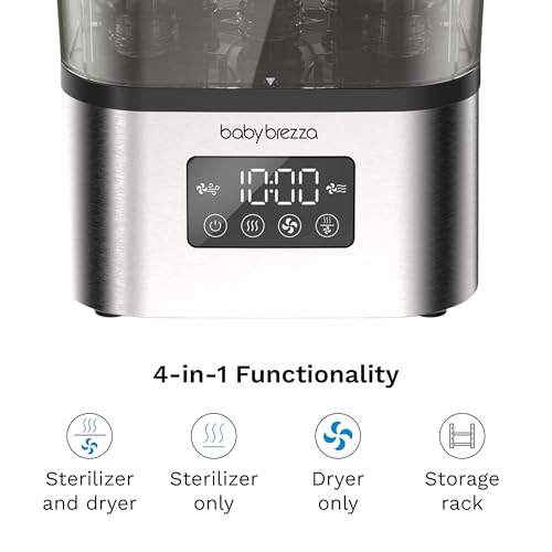 Image of Baby Brezza 10 Minute SuperQuick Bottle Sterilizer + Dryer - Large 8 Bottle Capacity - Steam Sanitization - Universal Fit for All Bottles: Plastic + Glass + Pacifiers + Breast Pump Parts, Stainless
