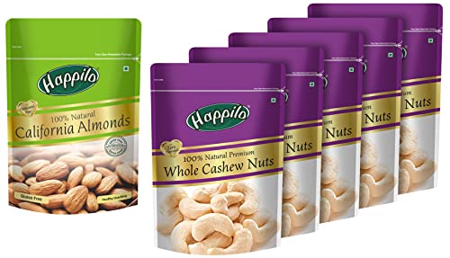 Image of Happilo 100% Natural Premium Californian Almonds,Dried,200g & Premium 100% Natural Whole Cashews, 200g (Pack of 5)