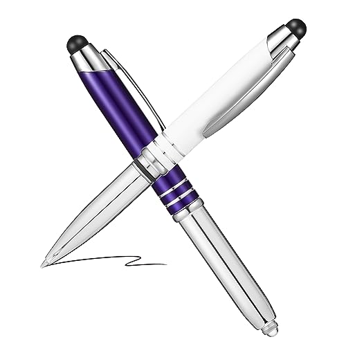 SECFOU 2個 タッチボールペン(白1本、青1本) タッチスクリーンボールペン 金ペン 懐中電灯ペン スタイラスペン led light ballpen ペン 黒 金属
