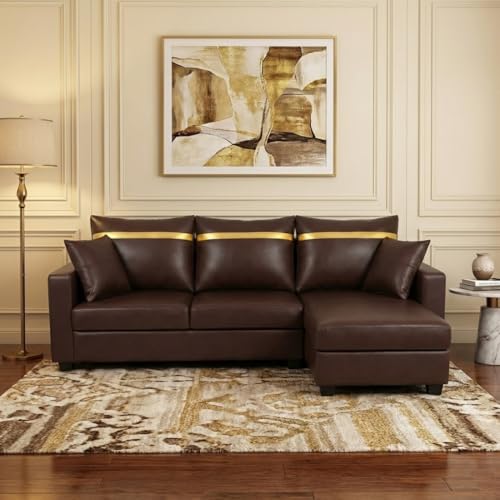 Image of FURNY Arossa 4 Seater Leatherette RHS L Shape Sofa Set (Brown) Premium Velvet Finish| Durable Comfort Ideal for Living Room