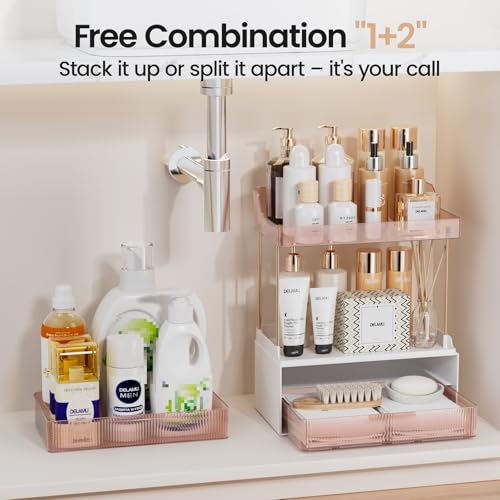 Image of Delamu 4-Tier Makeup Organizer, Bathroom Counter, 2 Drawers, Grapefruit