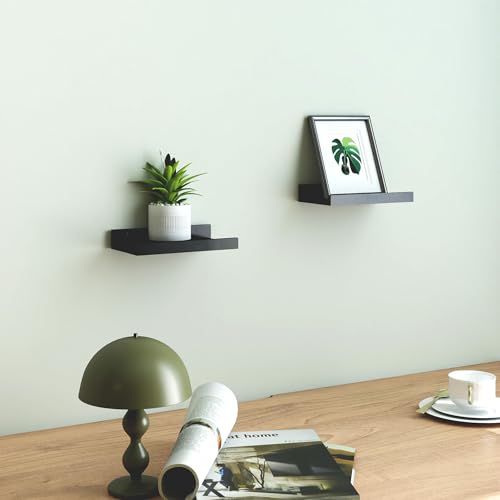 Image of Small Black Floating Shelves for Wall, Shelf with Lip Set of 2, 8 in | Mini Display Ledge Shelf for Wall Decor, Wall Mounted Wood Shelves for Bedroom, Bathroom, Living Room, Kitchen, Nursery Room