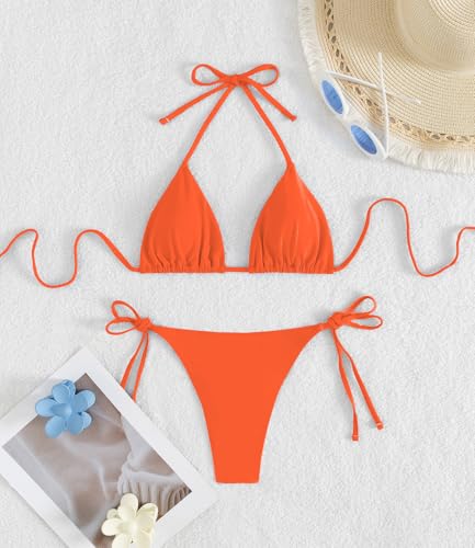 Image of Tainehs Women's Sexy Halter Thong Bikini Tie Two Sides Bottom Triangle Bikini Swimsuits
