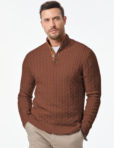 Image of JMIERR Men's Cable Knit Pullover Sweater Casual Long Sleeve Stand Collar Button Knitted Sweaters