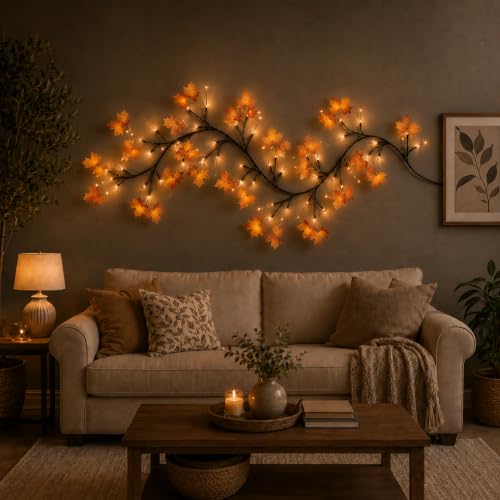 Image of One94Store Warm White Maple Leaf Vine Lights | 72 LED Tree Branch Wall Decor | Flexible Fairy String Lights for Bedroom, Living Room, Home Decoration, Diwali, Christmas, Wedding & Party