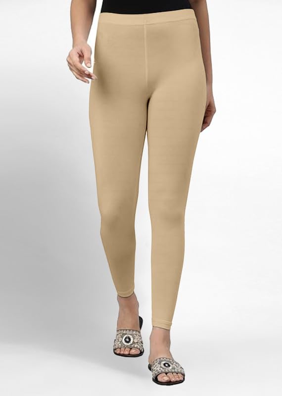 Image of TRENDMALLS Women's Super Combed Cotton Elastane Stretch Ankle Length Leggings with Ultrasoft Waistband Beige