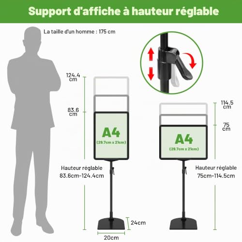 VAIIGO Lot de 4 Porte Affiche A4 sur Pied Réglable - pour Comptoir et Sol - Présentoir Métallique - Supports de Signalisation pour Menu, Publicité, Signalisation, Magasin et Bureau – vue 2