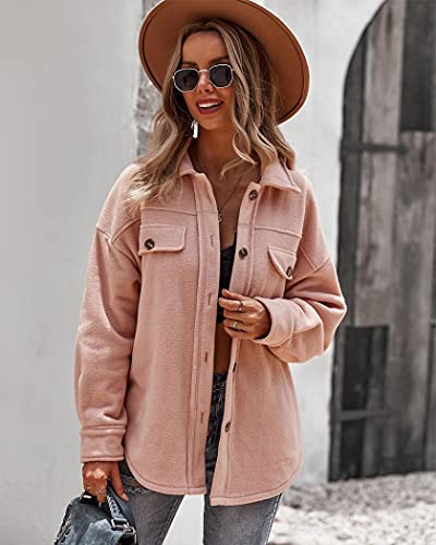 Womens Long Sleeve Fleece Jacket Button Down Pocket Fall Winter Lapel Outerwear Coat (Pink,Xl) #TOP2