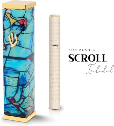 Image of SURI Mezuzah with Scroll for Door - 4 Inch Turquoise Chagall-Inspired 24K Gold-Plated Aluminum Mezuzzah Cover with Printed Scroll, Fits a 3 Inch Scroll, Gift Box Included