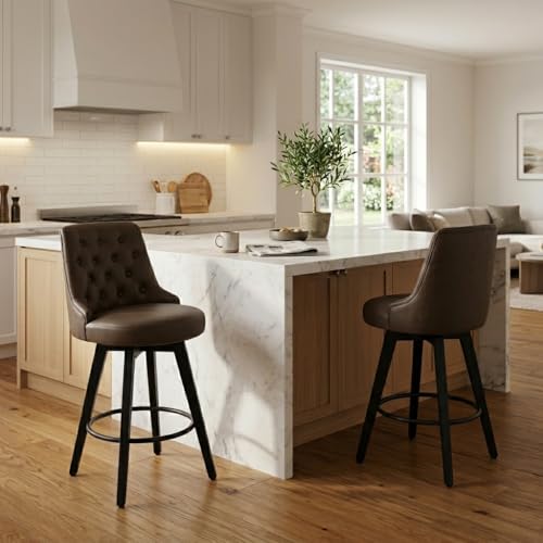 Image of Watson & Whitely Counter Height Bar Stools Swivel Barstools, Chocolate | Faux Leather, Set of 2, Upholstered Modern Barstool with Back, Solid Wood Legs, 26 inch H Seat