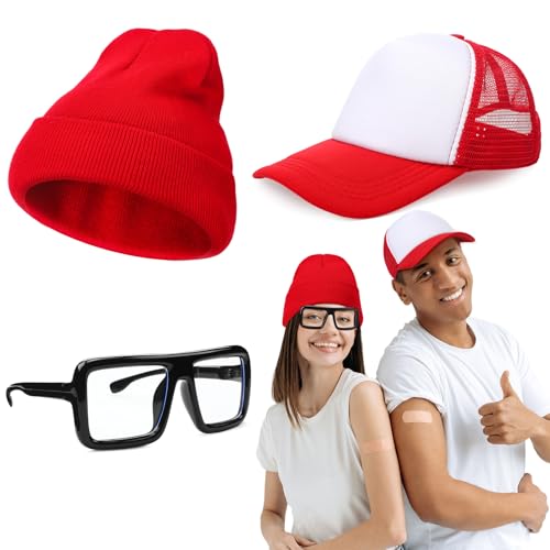 Shyyween 3 Pcs Halloween Subway Parkour Sibling Duo Street Runner Costume Accessories Set Red White Trucker Cap Black Oversized Thick Glasses Slouchy Beanie Knit Hat for Couple Friend Halloween Party